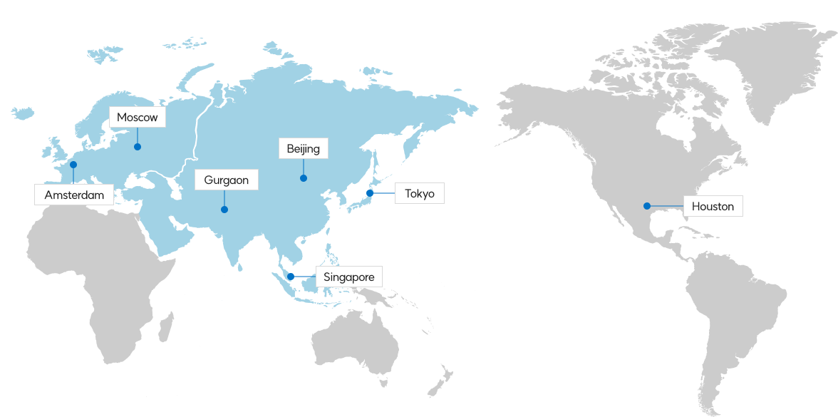 암스테르담, 모스크바, 구르가온, 베이징, 도쿄, 휴스턴