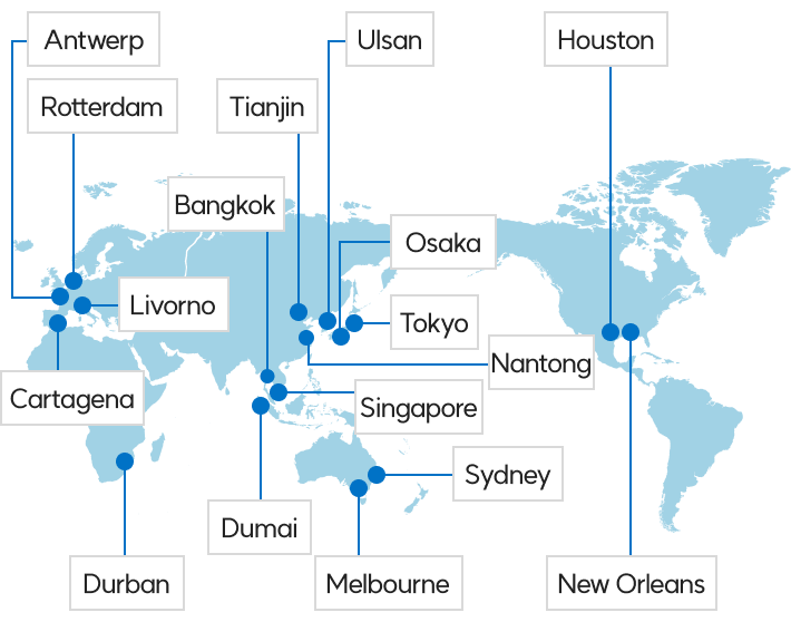 앤트워프, 로테르담, 리보르노, 카르타헤나, 더반, 주하이, 두마이, 텐진, 난통, 싱가포르, 울산, 도쿄, 오사카, 시드니, 휴스턴, 뉴올리언스, 산토스