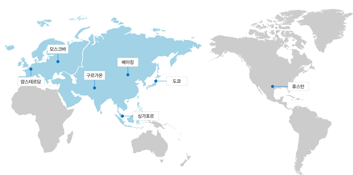 암스테르담, 모스크바, 구르가온, 베이징, 도쿄, 휴스턴, 싱가포르